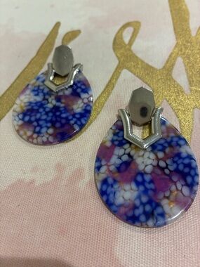 Colorful Resin Teardrop Earrings with Silver Accents - Blue, Pink, White